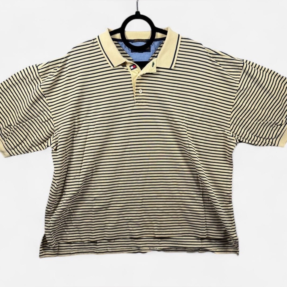 Tommy Hilfiger Beige and‎ Black Striped Vintage Golf Polo Shirt Preppy Old Money